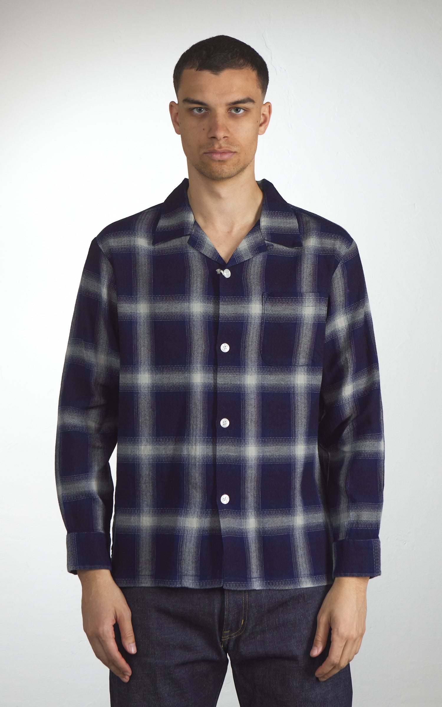 Houston Indigo Herringbone Ombre Check L/S Shirt Indigo One Wash