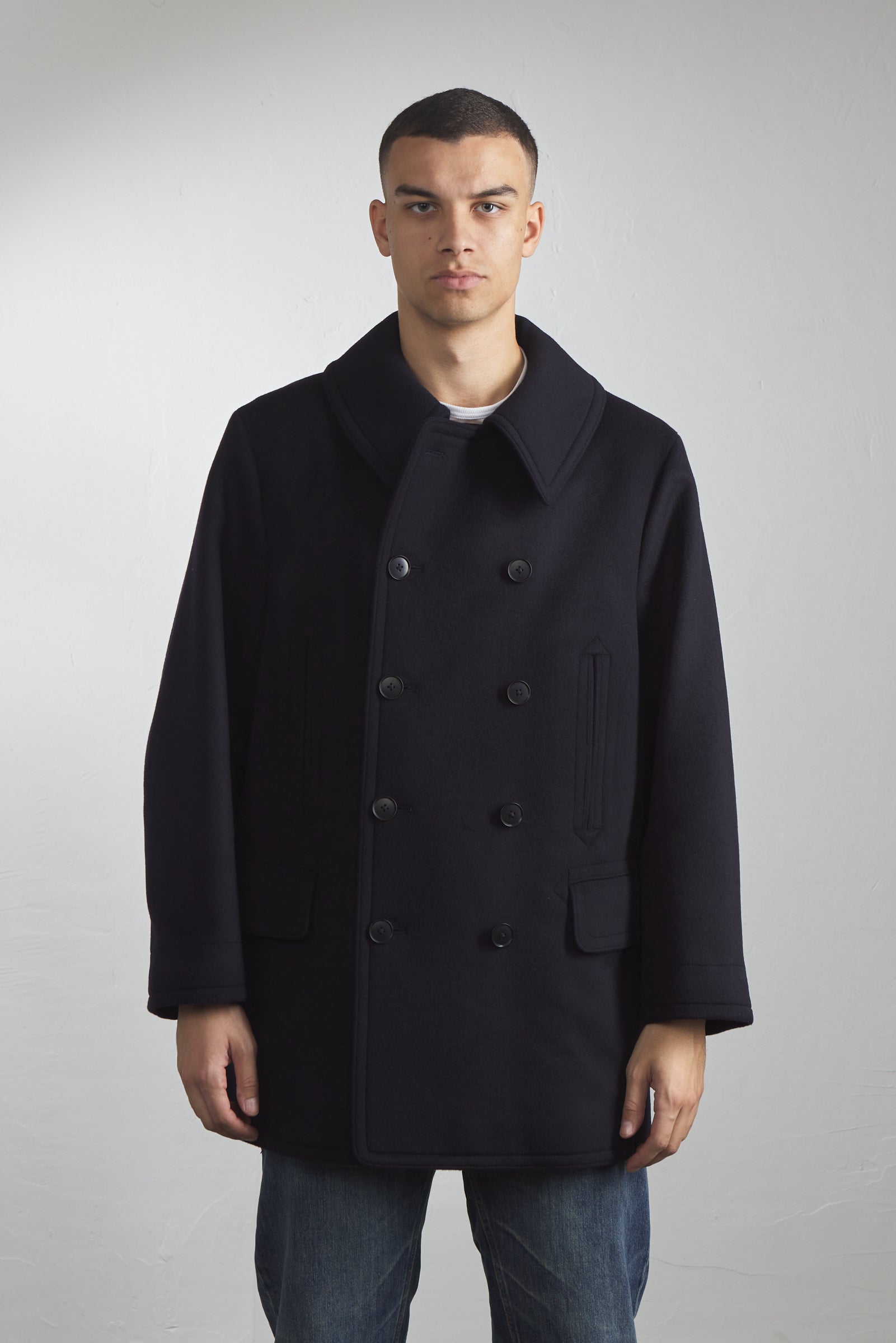 Kaptain Sunshine Pea Coat Cashmere Wool Navy