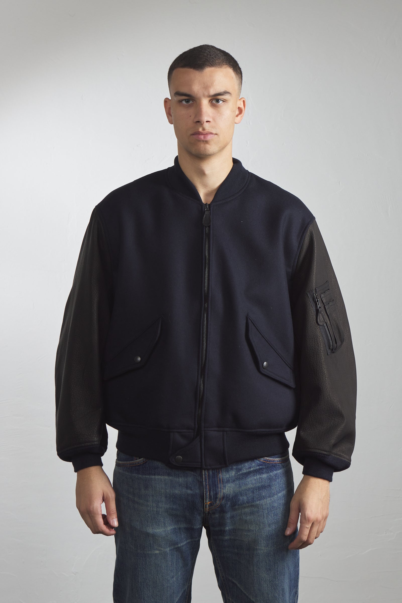 Kaptain Sunshine Melton Wool Bomber Jacket Navy