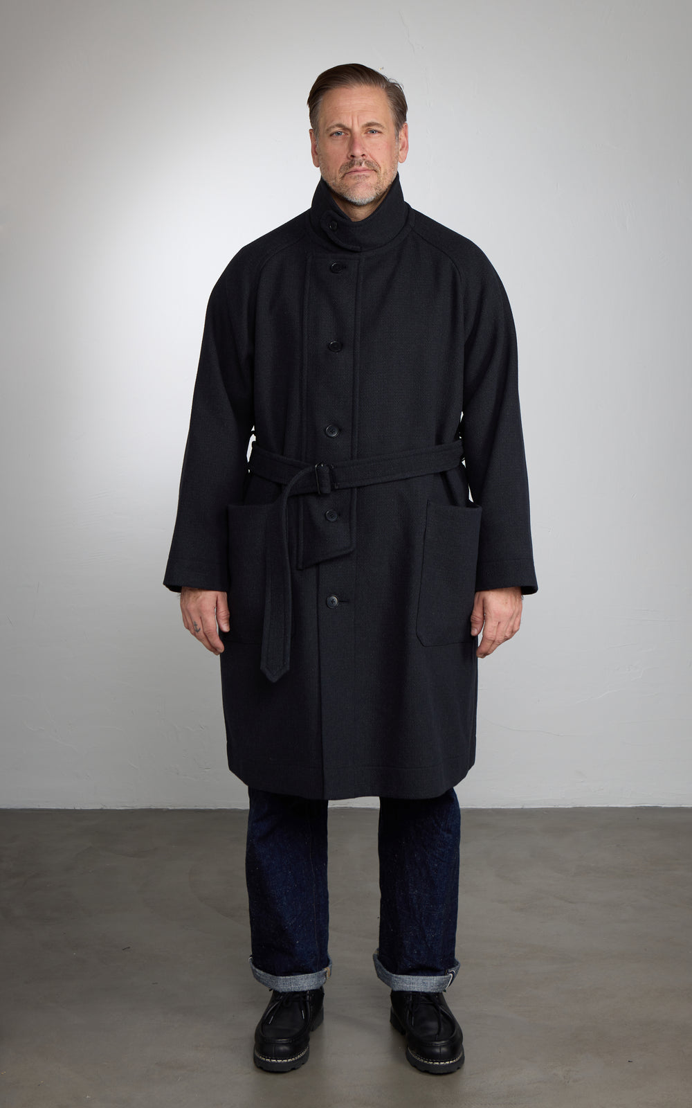 Kaptain Sunshine Stand Collar Coat Double Cloth Melton Charcoal