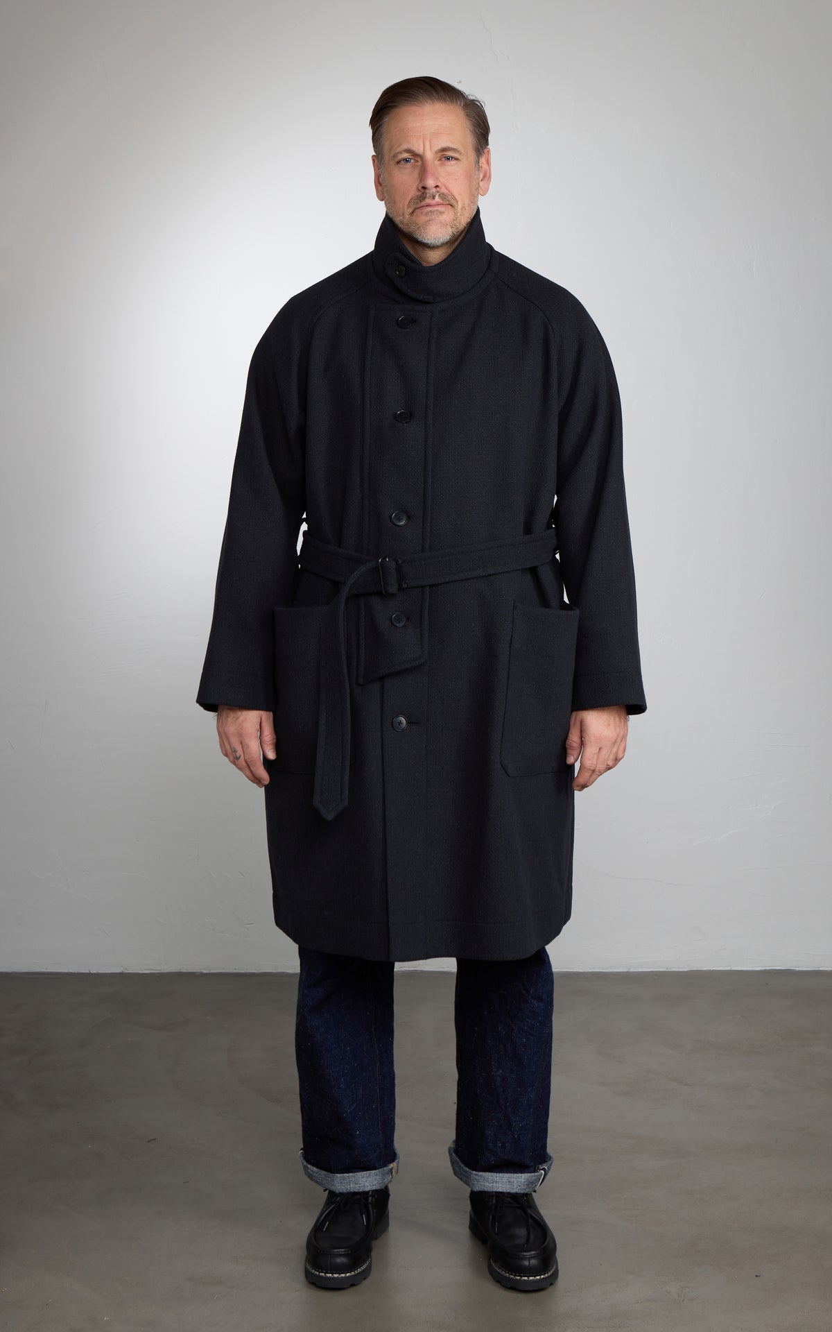 Kaptain Sunshine Stand Collar Coat Double Cloth Melton Charcoal