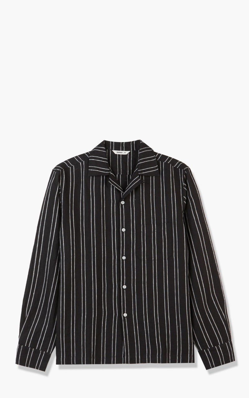 3sixteen LS Open Collar Linen Shirt Black Striped