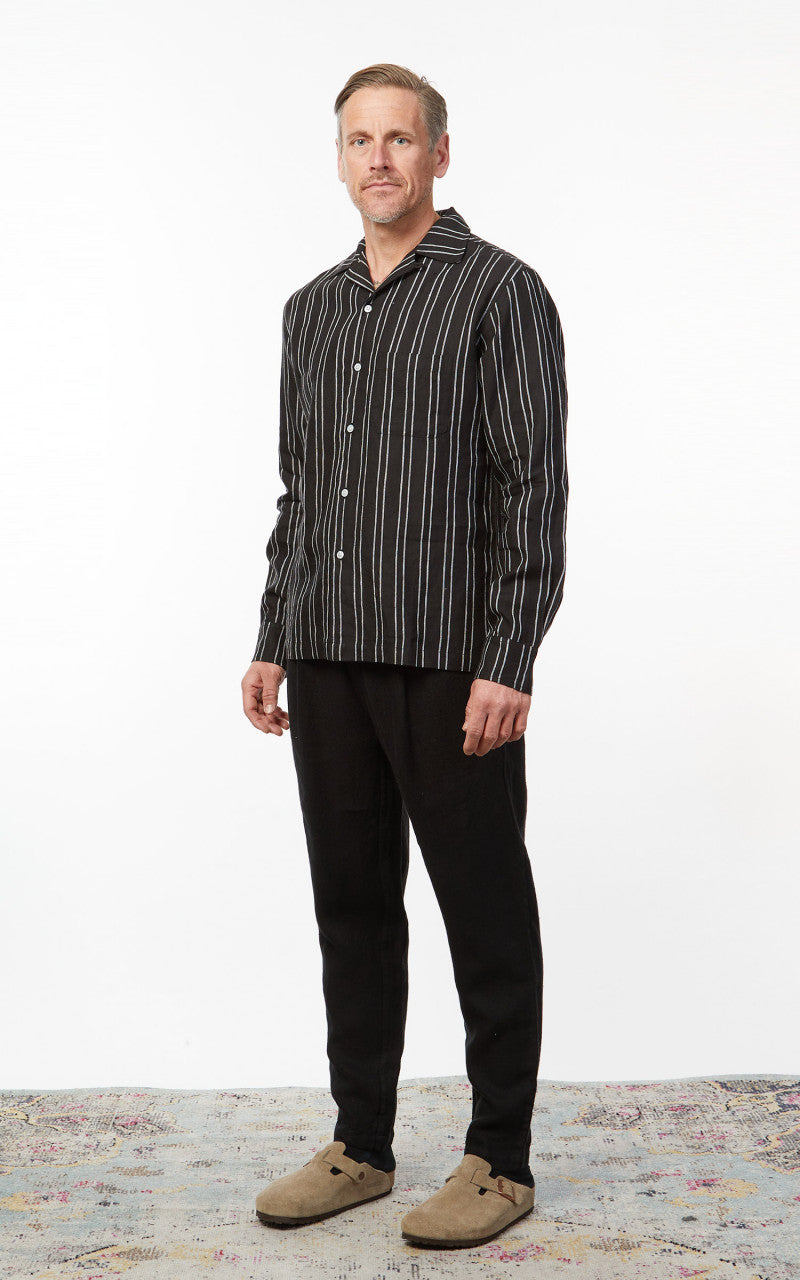 3sixteen LS Open Collar Linen Shirt Black Striped