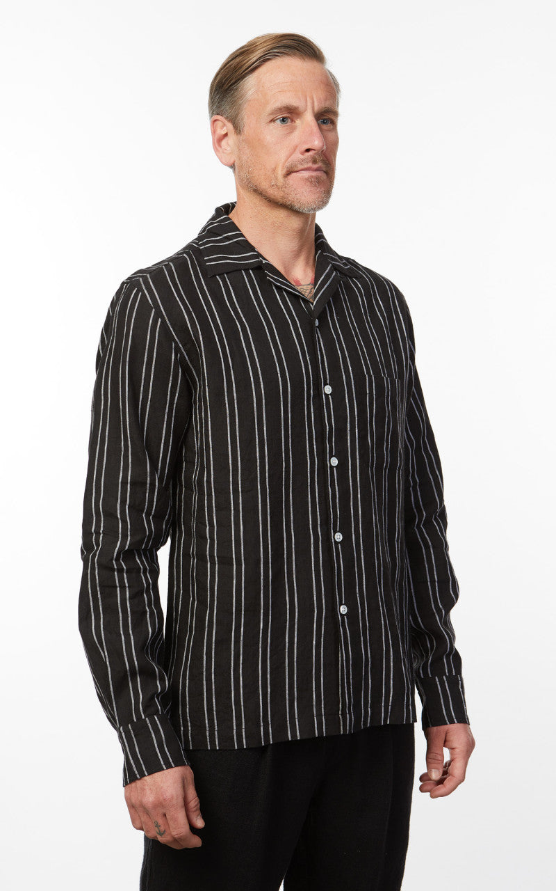 3sixteen LS Open Collar Linen Shirt Black Striped