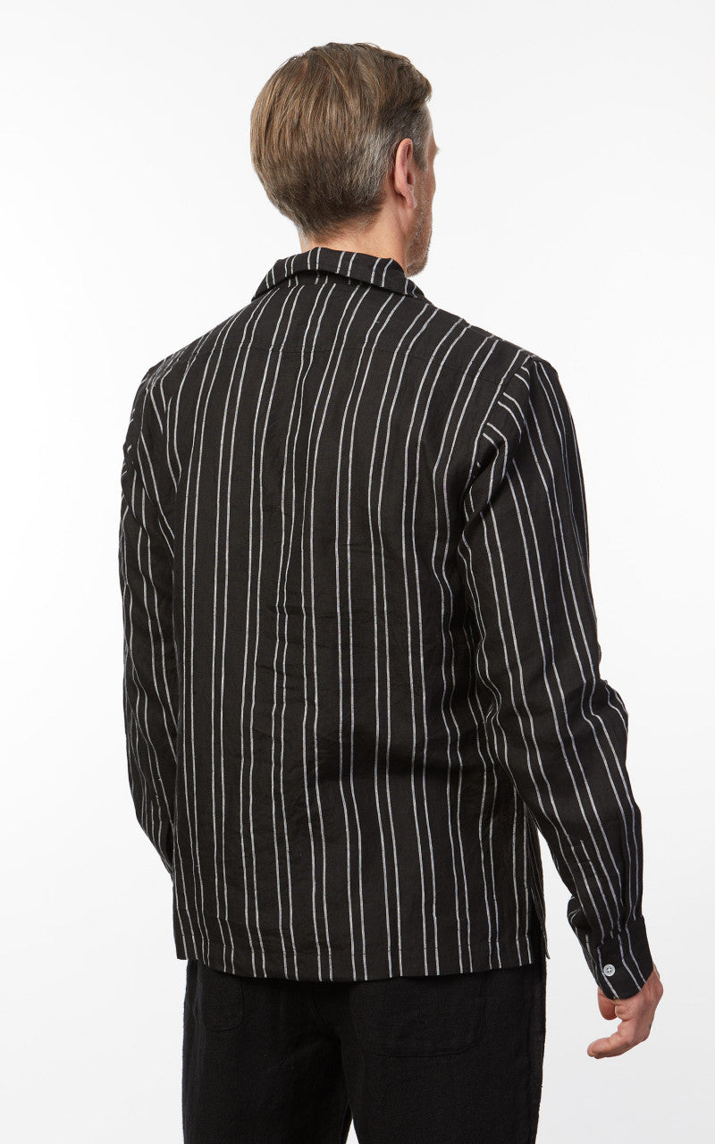 3sixteen LS Open Collar Linen Shirt Black Striped