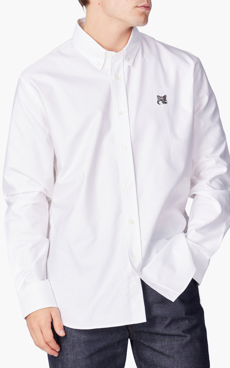 Maison Kitsuné Grey Fox Head Patch Button Down Casual Shirt White