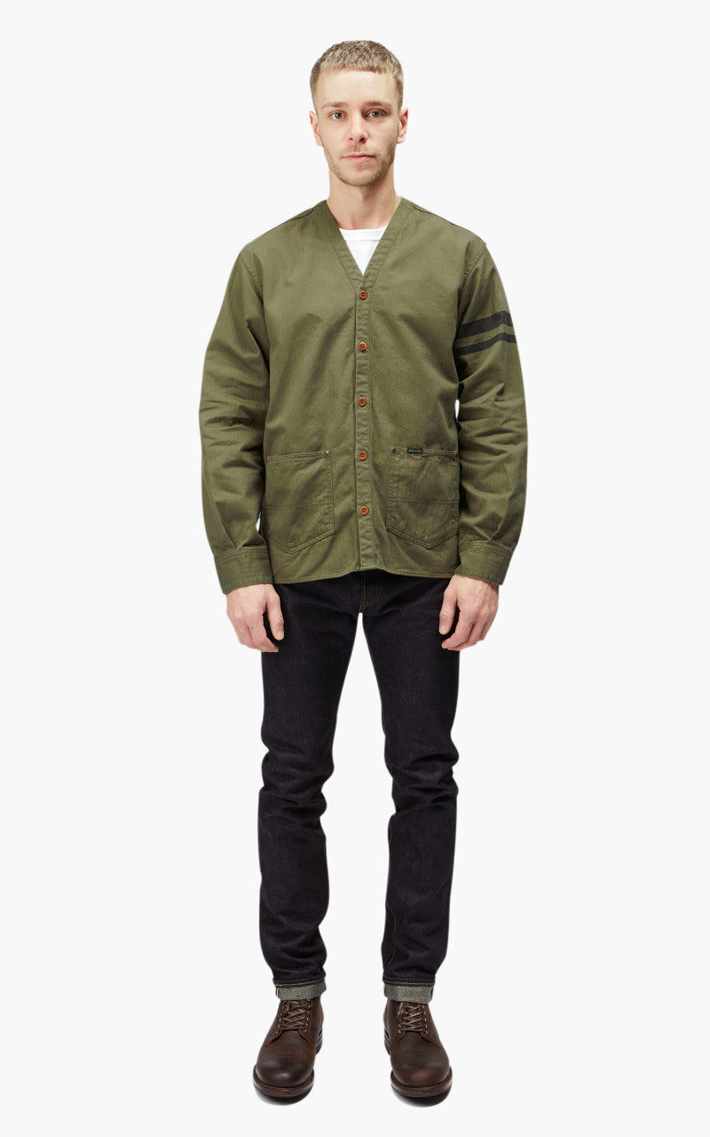Momotaro Jeans MLS1050M23 Military Herringbone Work Cardigan Olive Drab