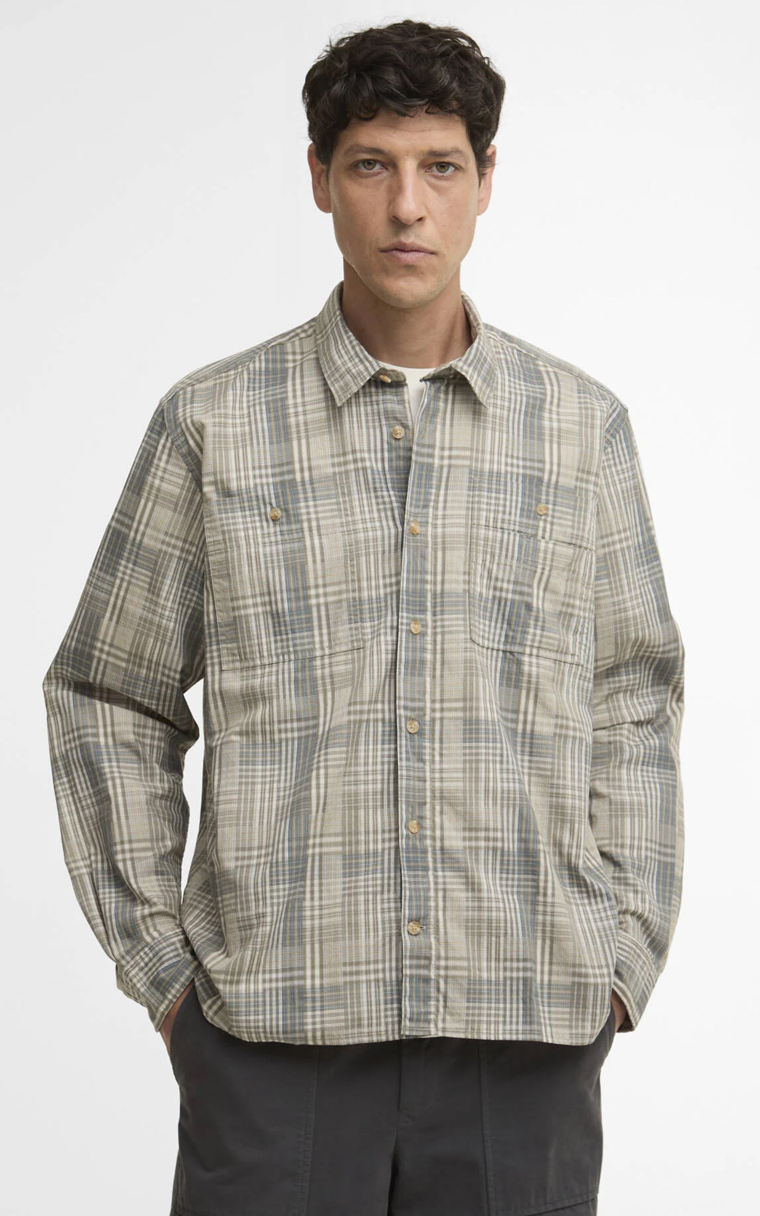 Barbour Maxwell Checked Patch Relaxed Shirt Grey Olive