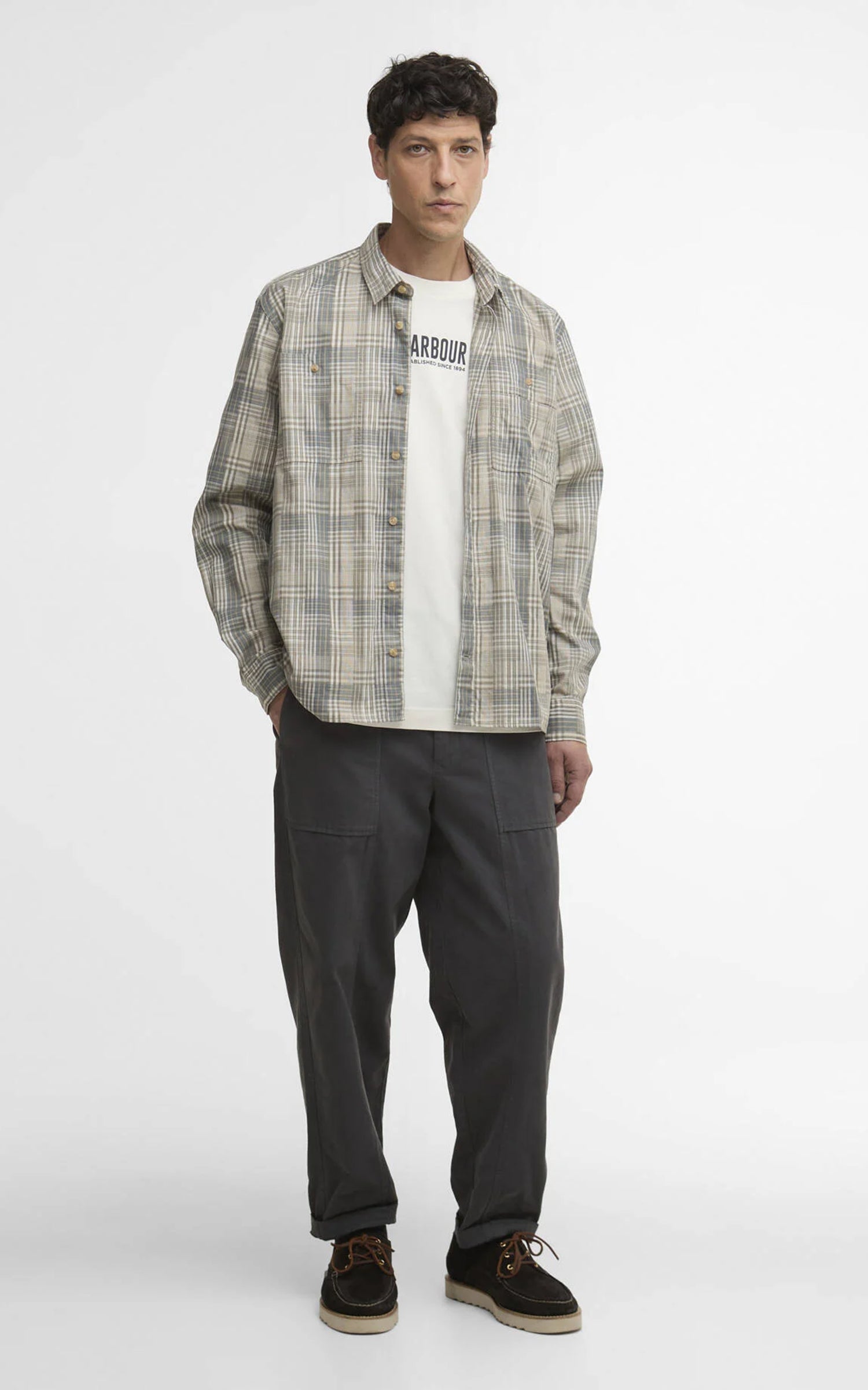 Barbour Maxwell Checked Patch Relaxed Shirt Grey Olive