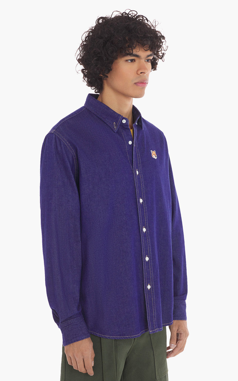Maison Kitsuné Button Down Casual Shirt Fox Head Patch Indigo