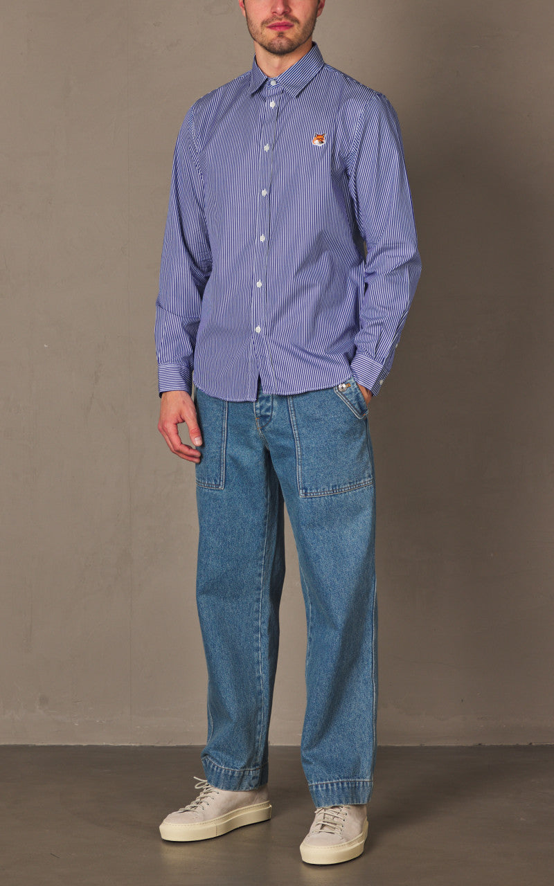 Maison Kitsuné Fox Head Classic Striped Shirt Navy