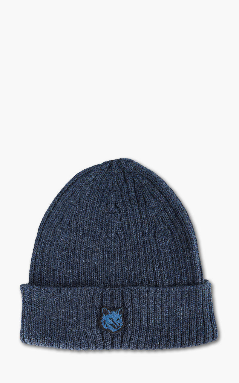 Maison Kitsuné Bold Fox Head Patch Ribbed Beanie Ink Blue