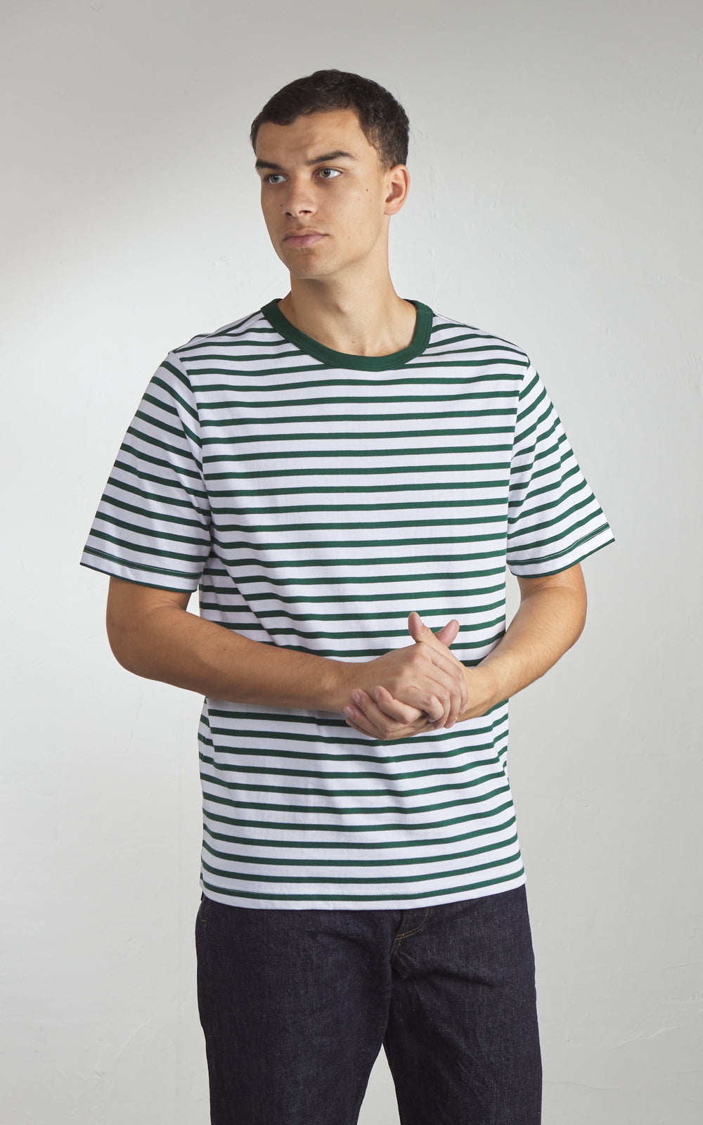 Merz b. Schwanen 2M14 Striped Crew Neck Tee Green/White
