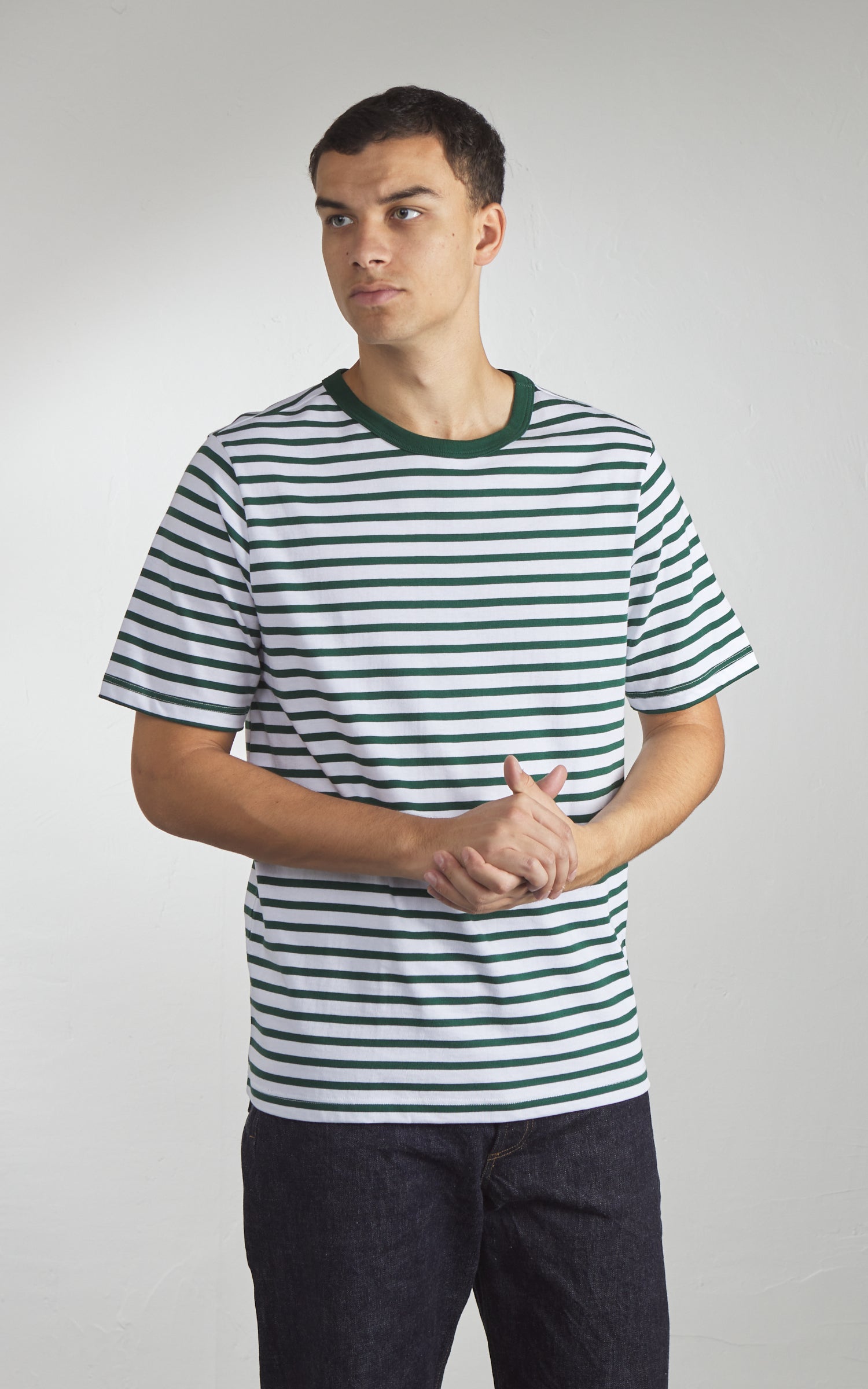 Merz b. Schwanen 2M14 Striped Crew Neck Tee Green/White