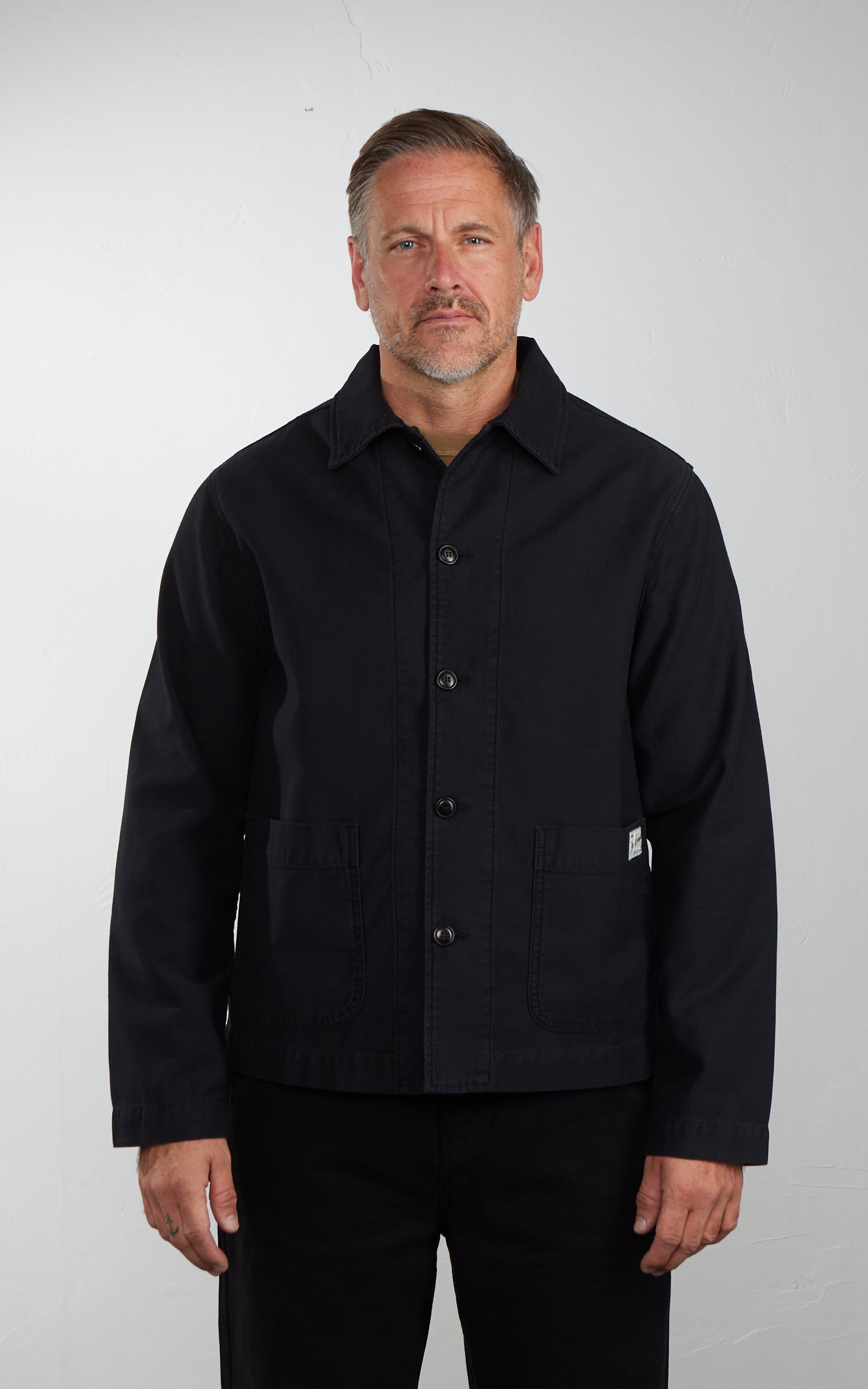 Merz b. Schwanen JKT08SC Sateen Canvas Cropped Workers Jacket Storm Black