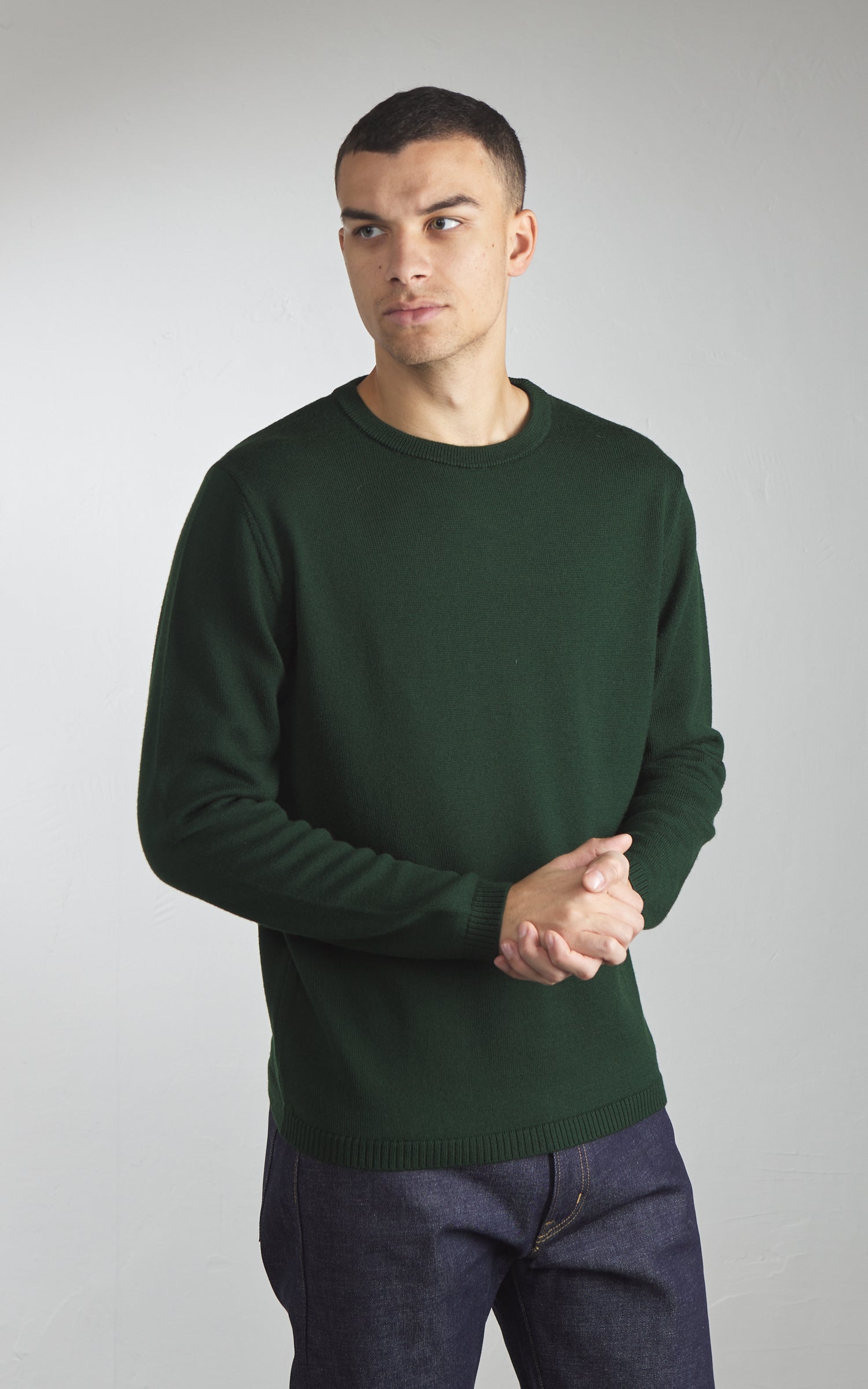 Merz b. Schwanen MWRC01 Classic Crew Merino Wool Pullover Forest