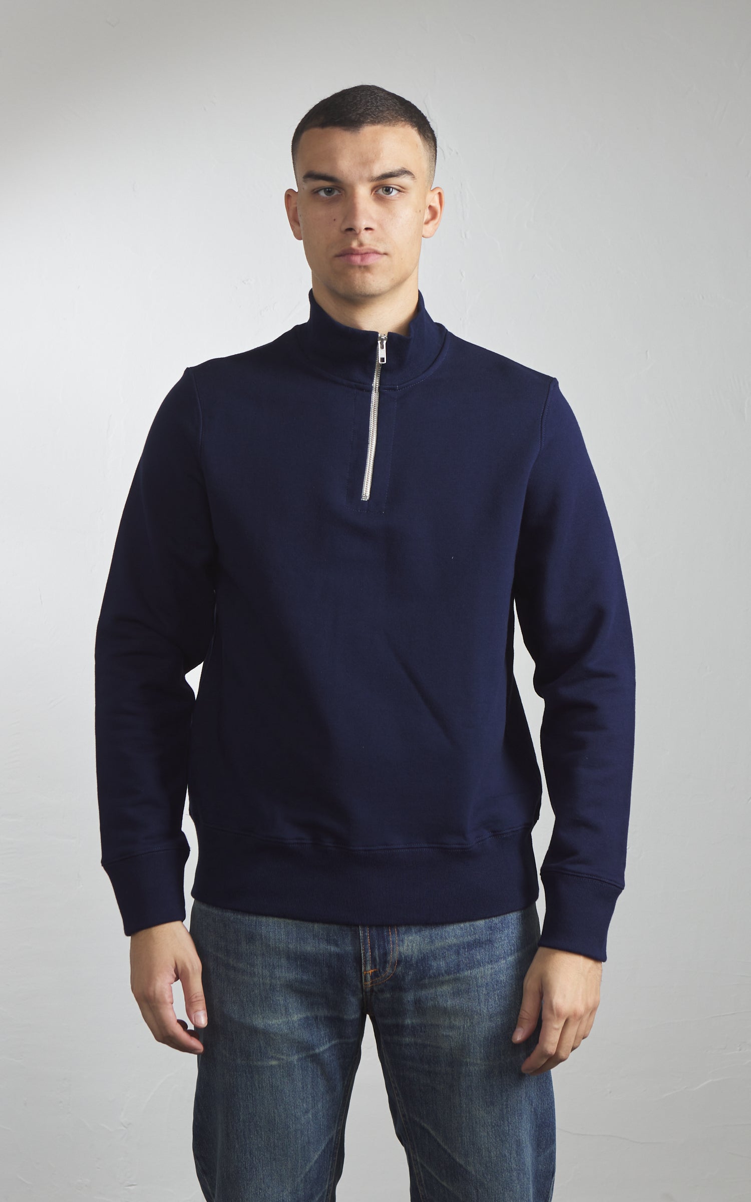 Merz b. Schwanen 343Z Sweatshirt Half Zip Mock Neck Ink Blue