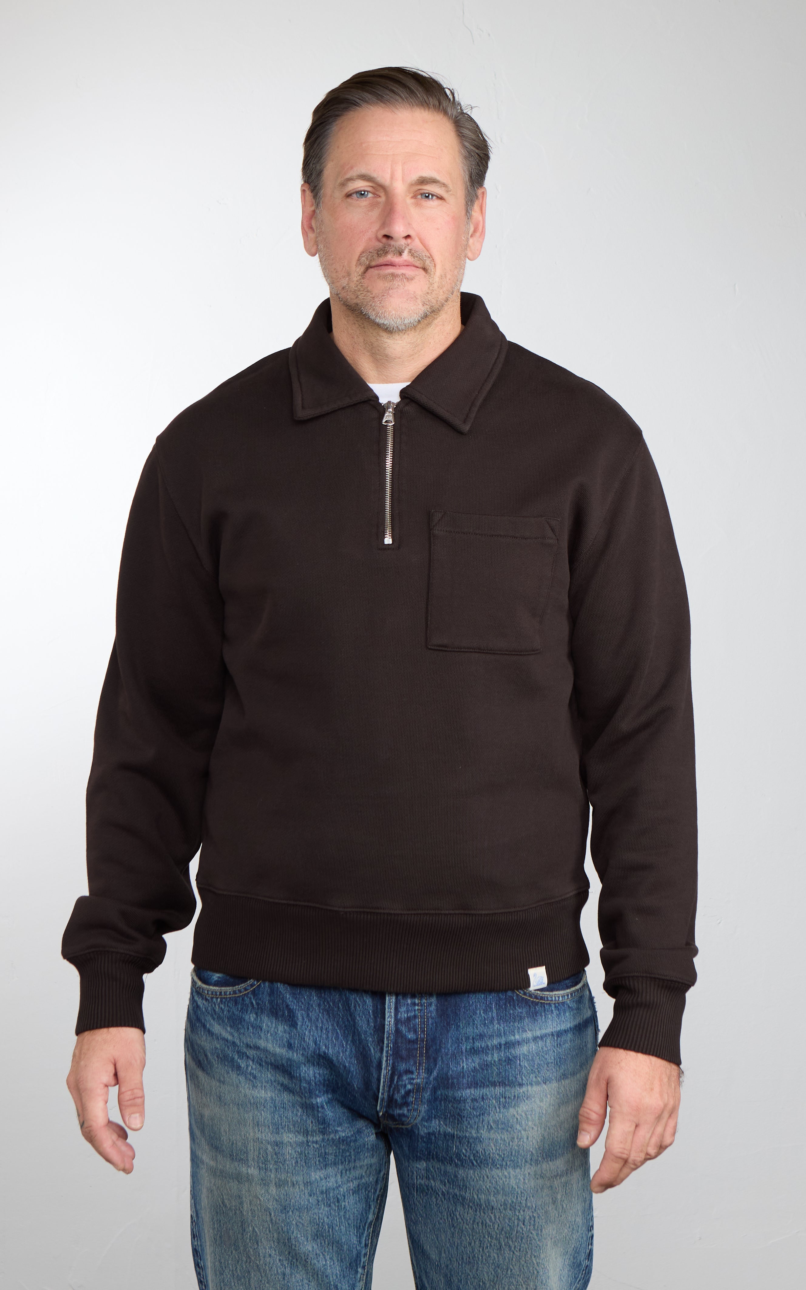 Merz b. Schwanen ZIP03 Authentic Fleece Polo Collared Half-Zip Cotton Sweatshirt Espresso