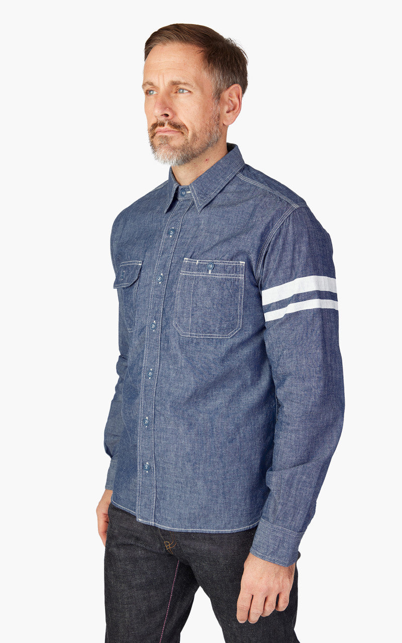 Momotaro Jeans MS044S GTB Stripe 5oz Chambray Work Shirt Indigo