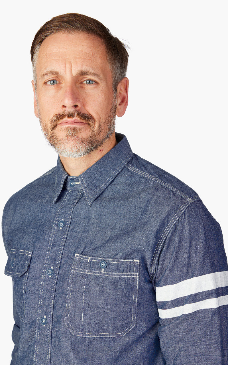 Momotaro Jeans MS044S GTB Stripe 5oz Chambray Work Shirt Indigo