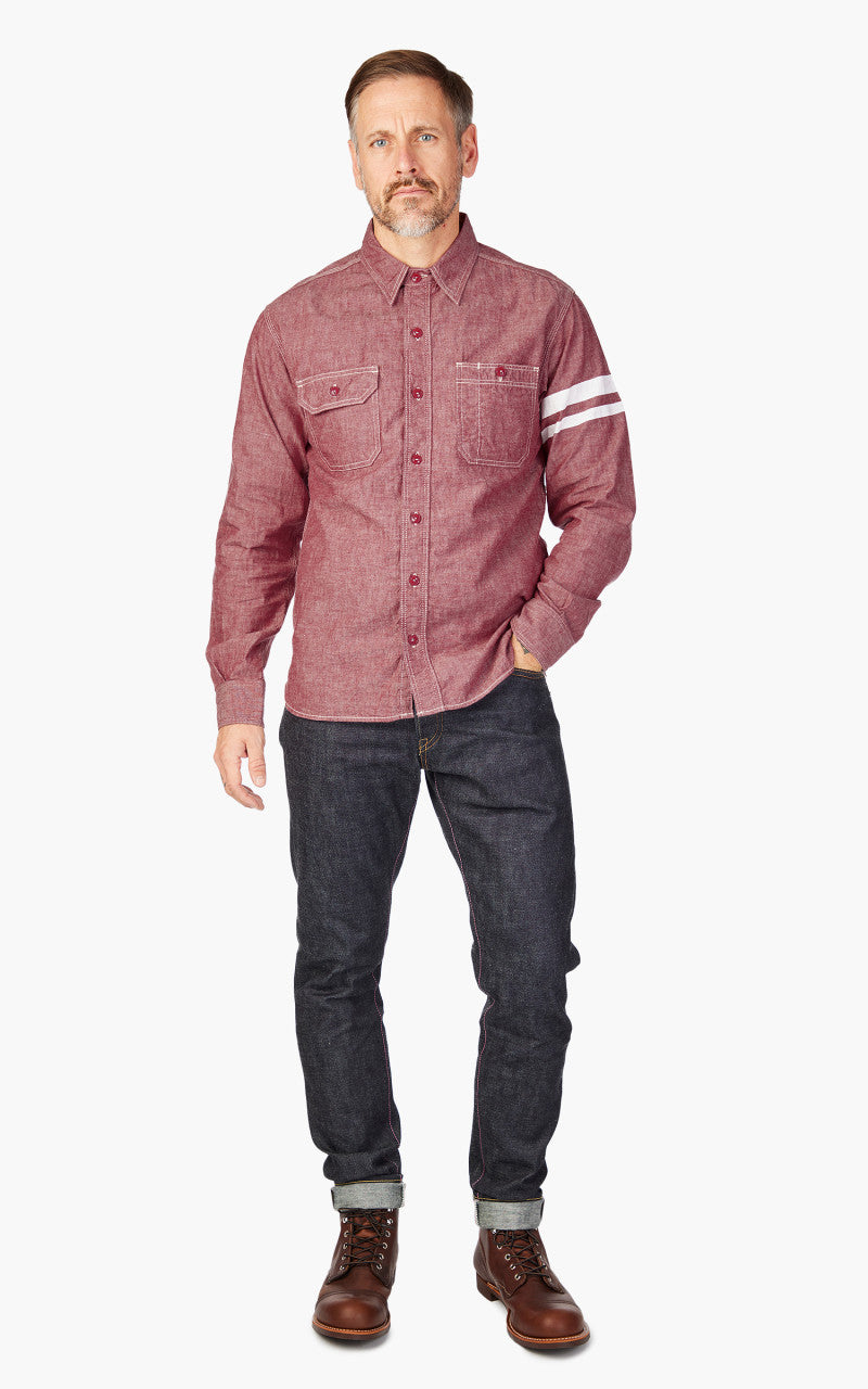 Momotaro Jeans MS044S GTB Stripe 5oz Chambray Work Shirt Red