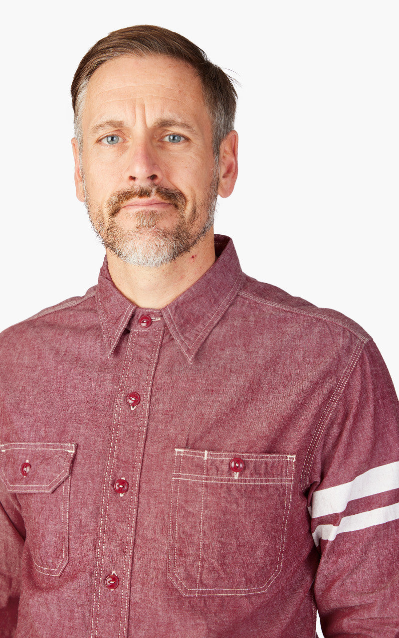 Momotaro Jeans MS044S GTB Stripe 5oz Chambray Work Shirt Red