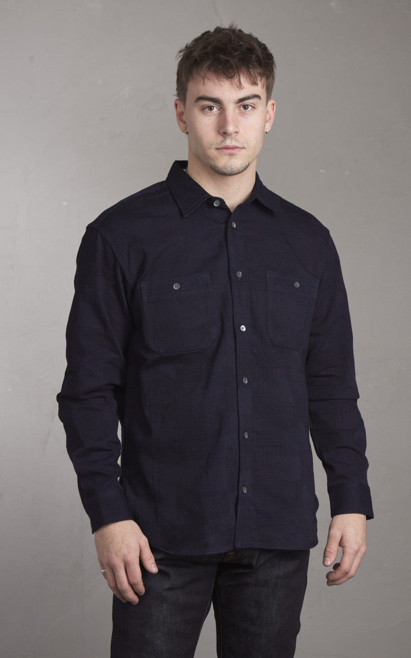 Momotaro Jeans MXLS1026 Indigo Dyed Sashiko Jacquard Shirt Indigo