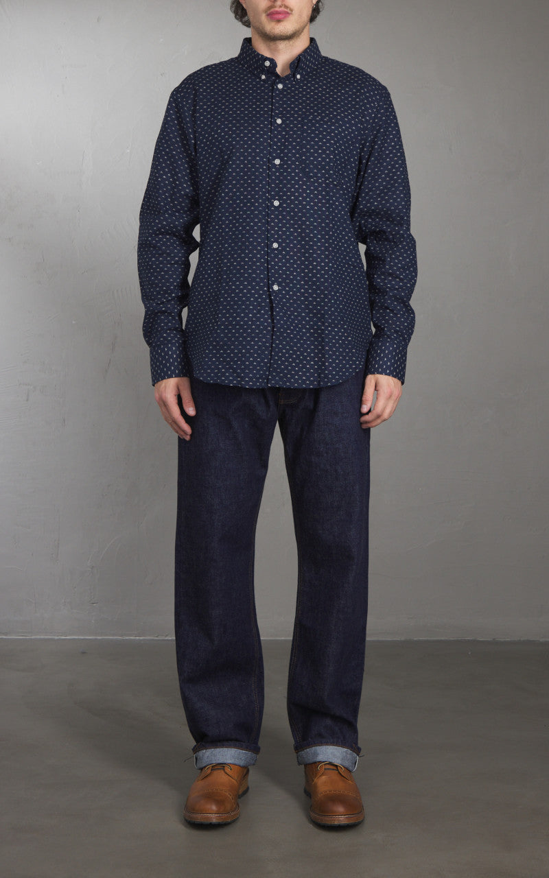Naked & Famous Denim Easy Shirt Kimono Triangles Print Indigo