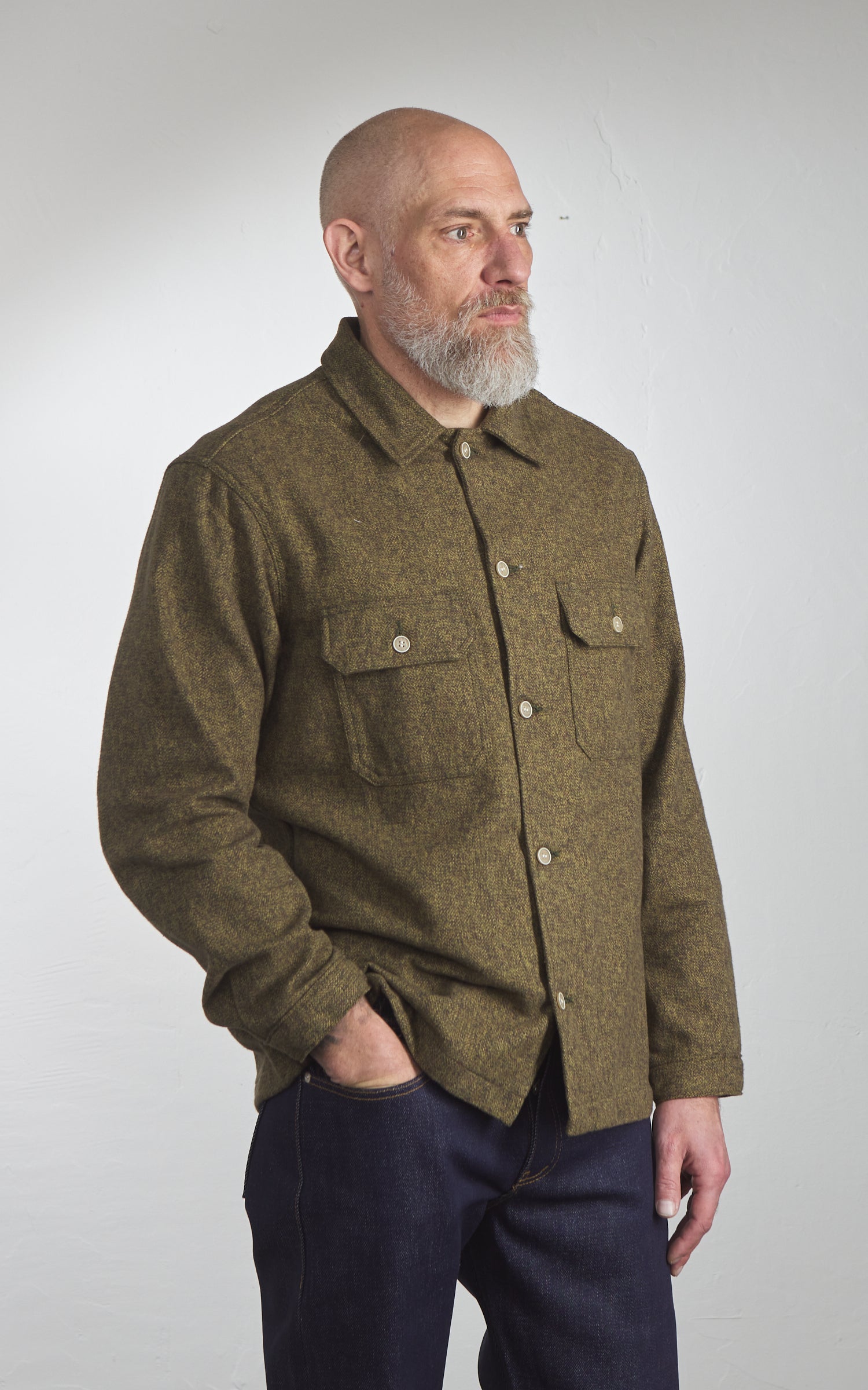 Naked & Famous Denim Work Shirt Herringbone Triple Twist Forest