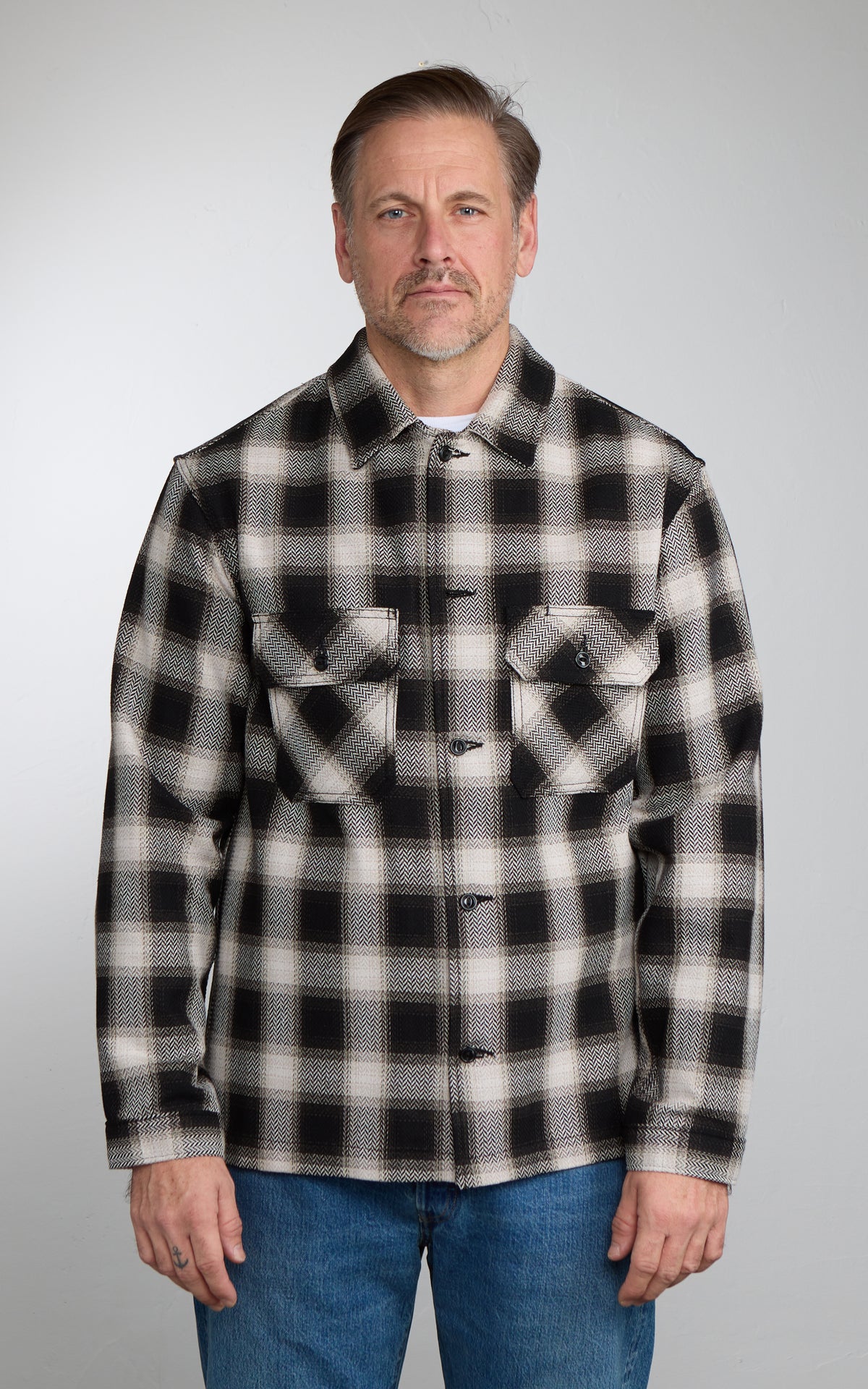 Naked & Famous Work Shirt Trippy Ombre Plaid Ivory