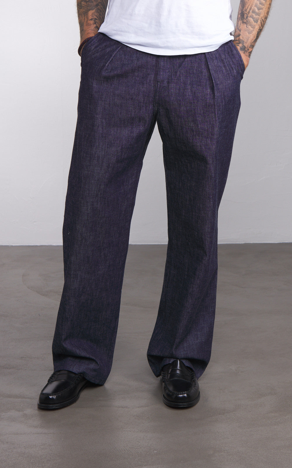 Naked & Famous Denim Pleated Trouser Rinsed Denim Indigo 10oz