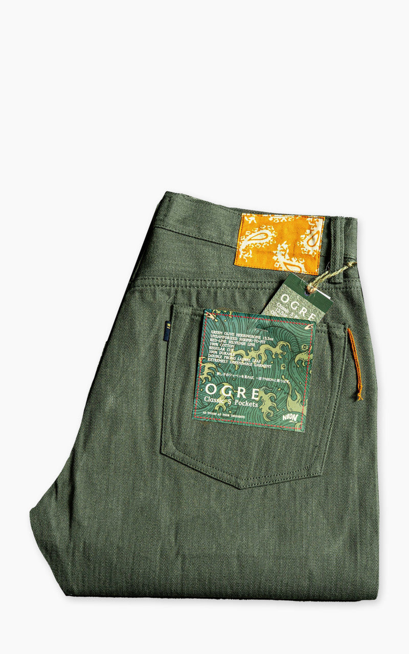 NBDN Ogre Herringbone Selvedge 5-Pocket Jeans Olive Green 15.5oz