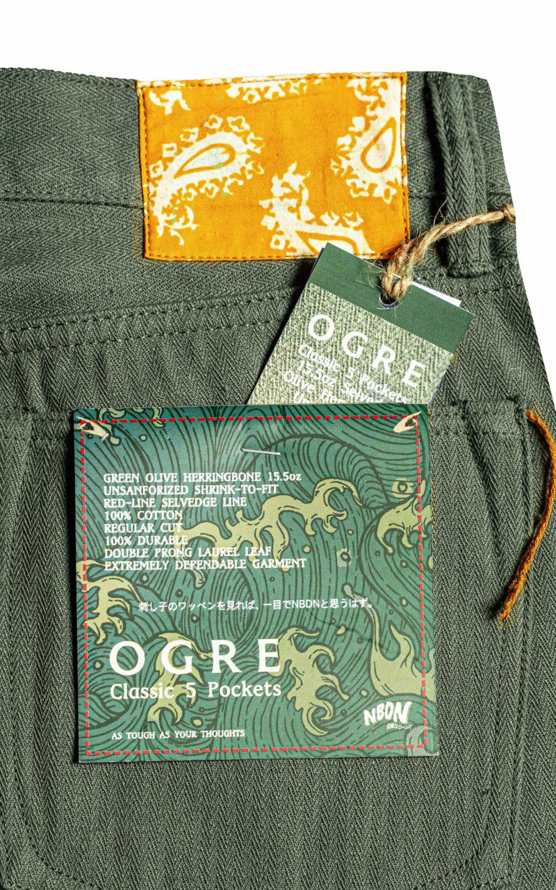 NBDN Ogre Herringbone Selvedge 5-Pocket Jeans Olive Green 15.5oz