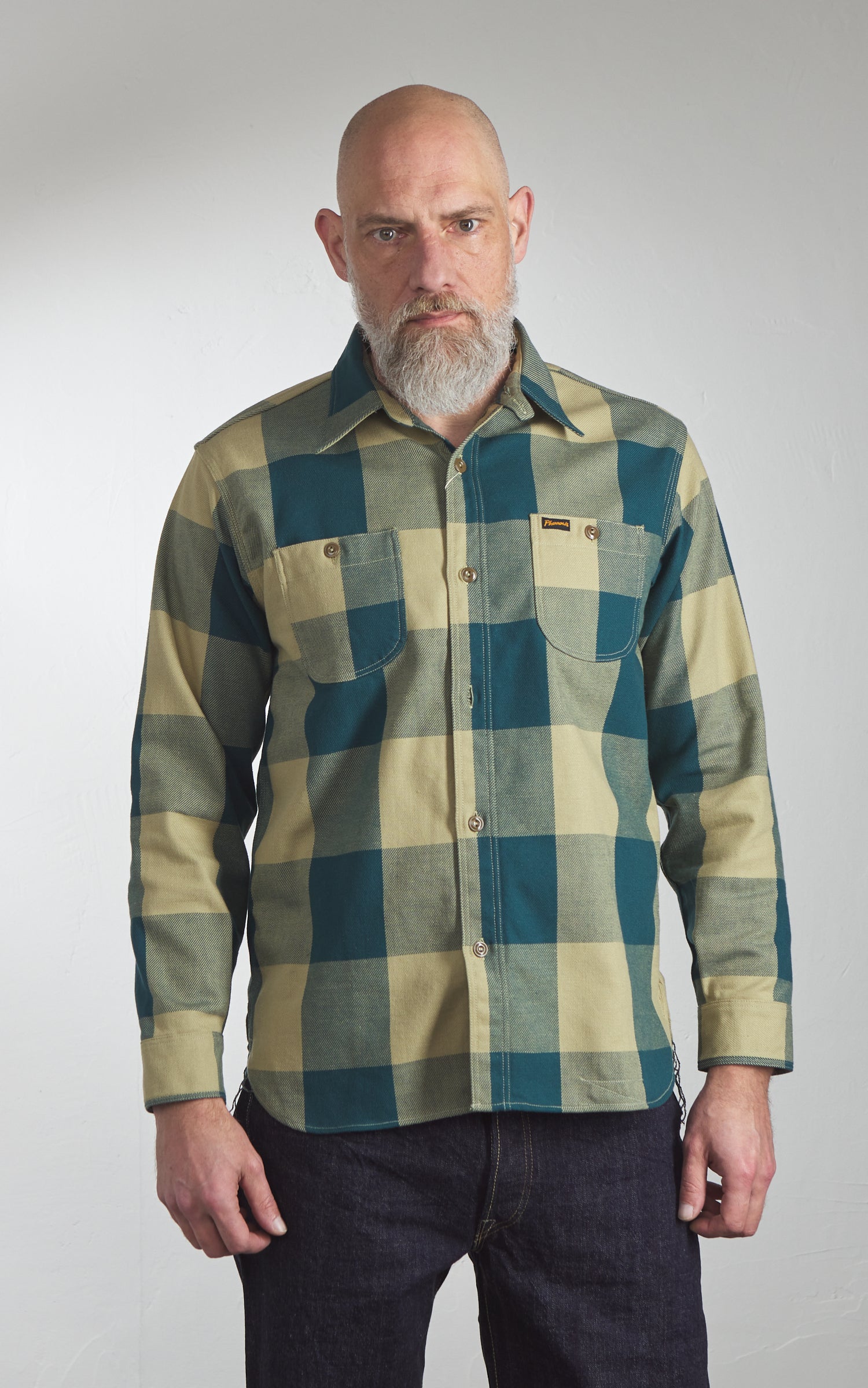 Pherrow's 25W-720WS-C Heavyweight Flannel Shirt Green x Beige Check