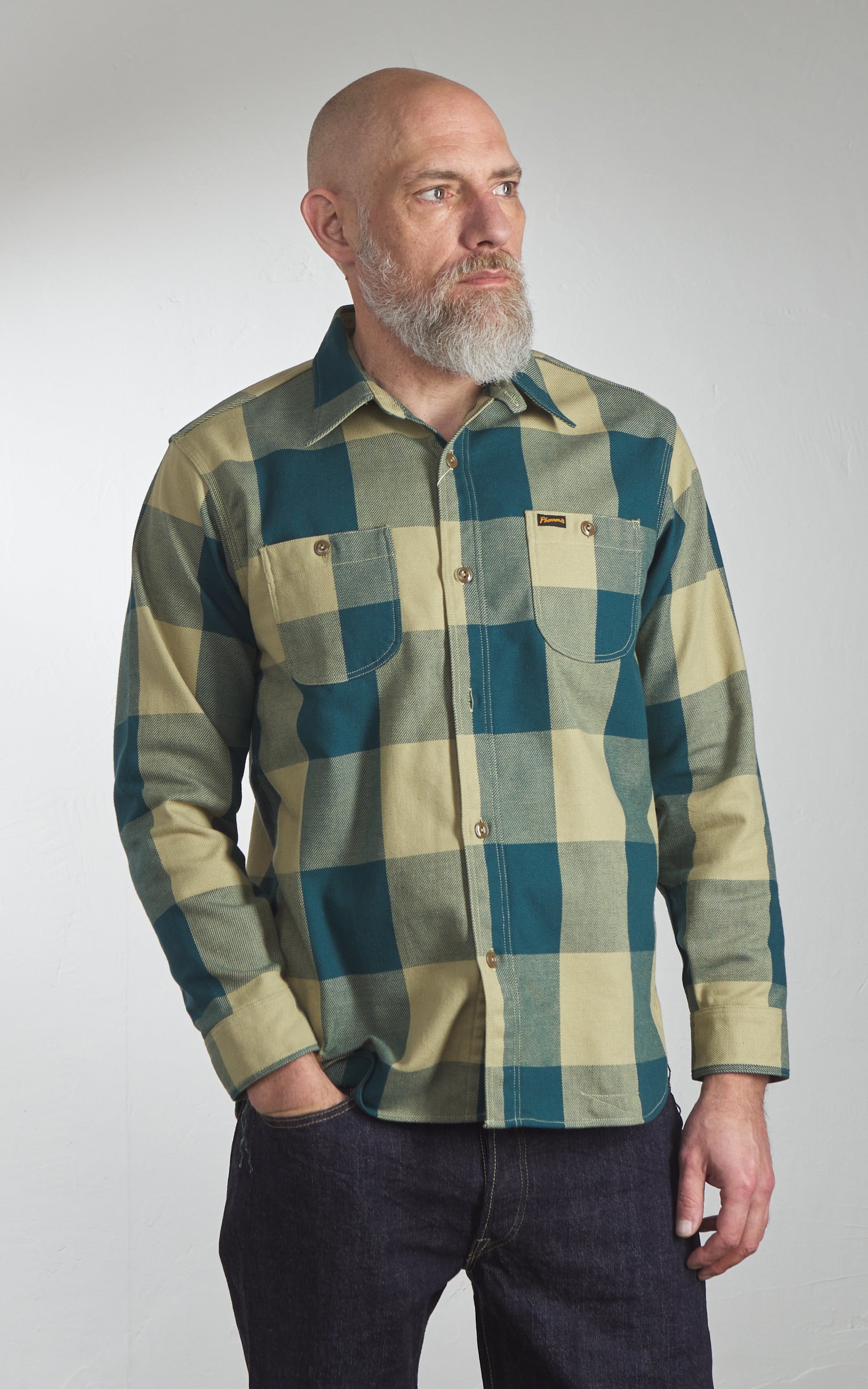 Pherrow's 25W-720WS-C Heavyweight Flannel Shirt Green x Beige Check