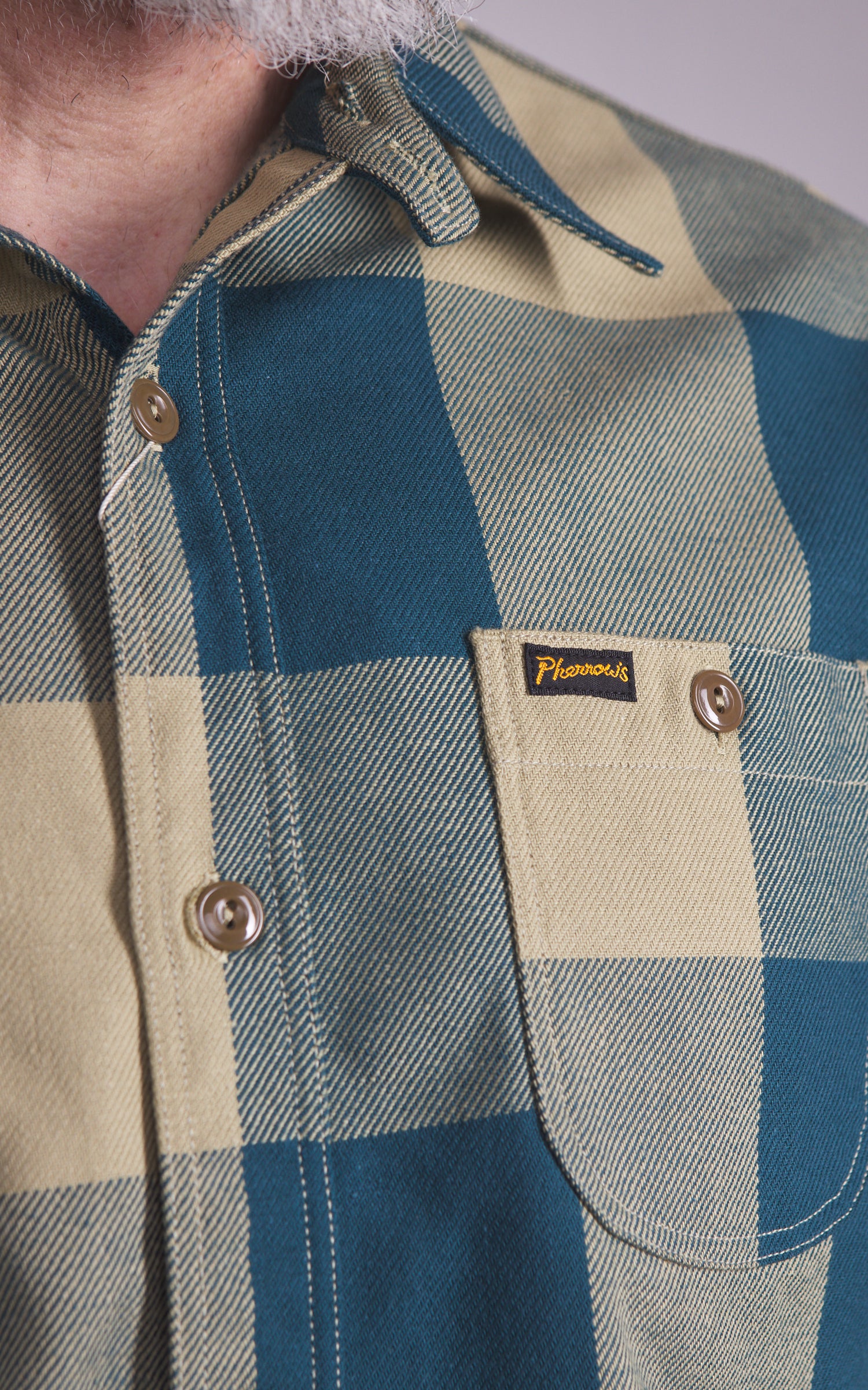Pherrow's 25W-720WS-C Heavyweight Flannel Shirt Green x Beige Check