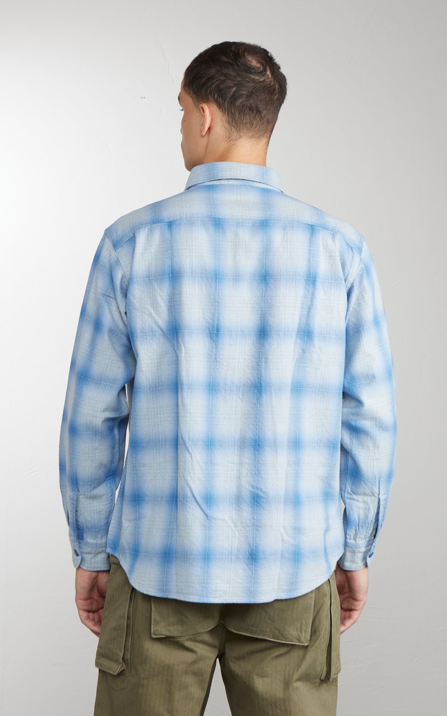 Pherrow's 26S-731SN Ombre Check Flannel Shirt Indigo x Sax
