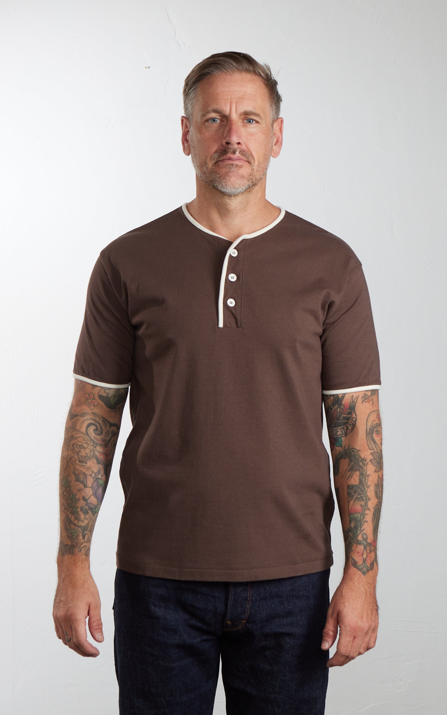 Pherrow's 26S-PPHT1 Henley Short Sleeve Brown