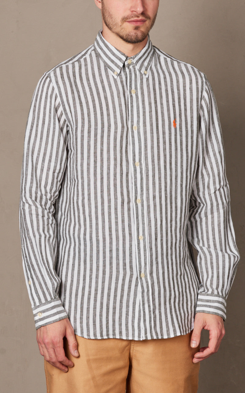 Polo Ralph Lauren Custom Fit Striped Linen Shirt Olive/White