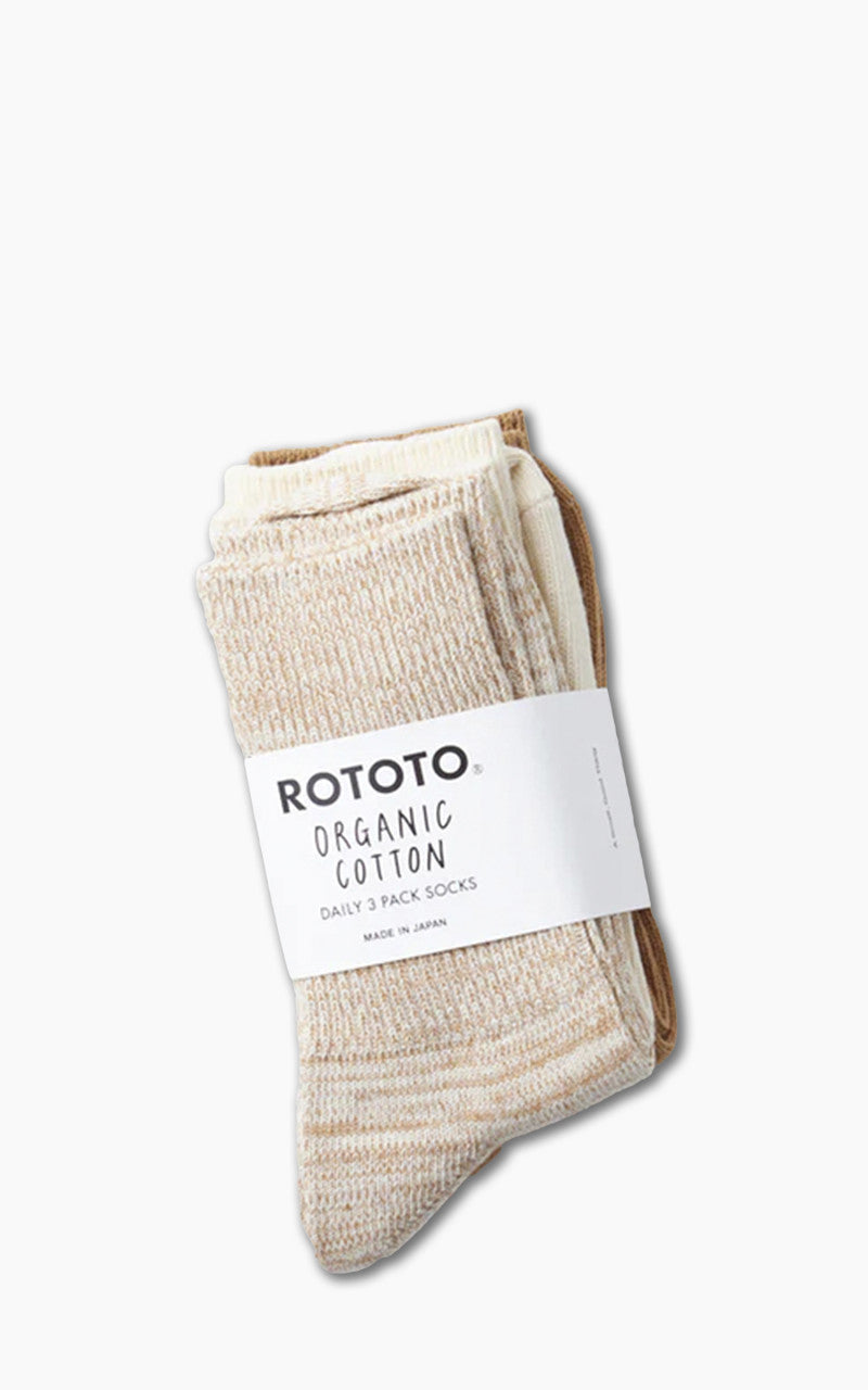 RoToTo R1427 Organic Daily 3-Pack Ribbed Crew Socks Ecru/Brown