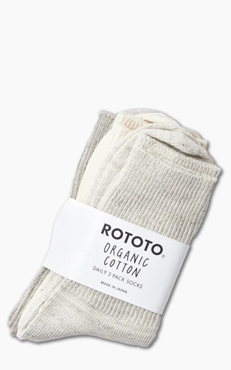 RoToTo R1427 Organic Daily 3-Pack Ribbed Crew Socks Ecru/Grey