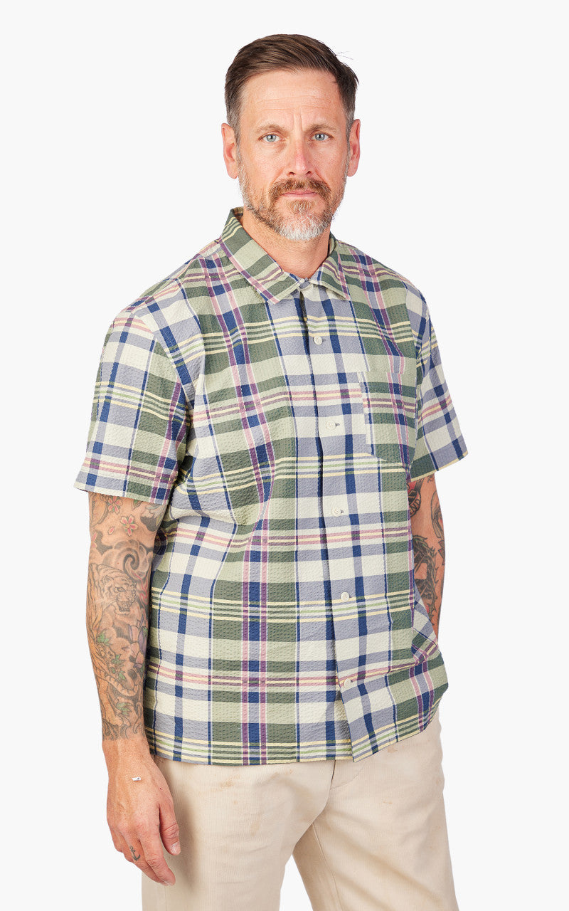 RRL Camp Shirt Madras-Print Seersucker Green/Cream/Muli