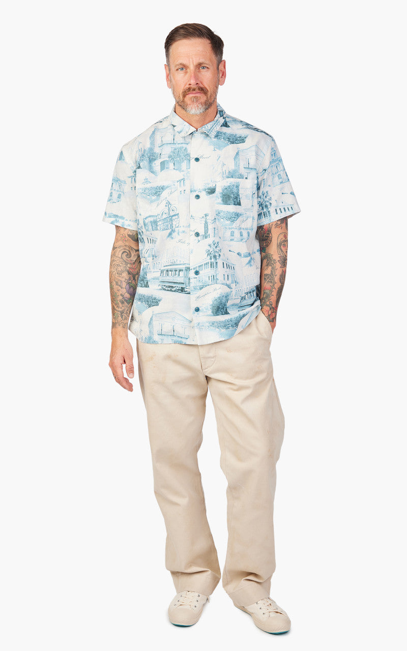 RRL Camp Shirt Postcard-Print Linen-Cotton Cream/Blue