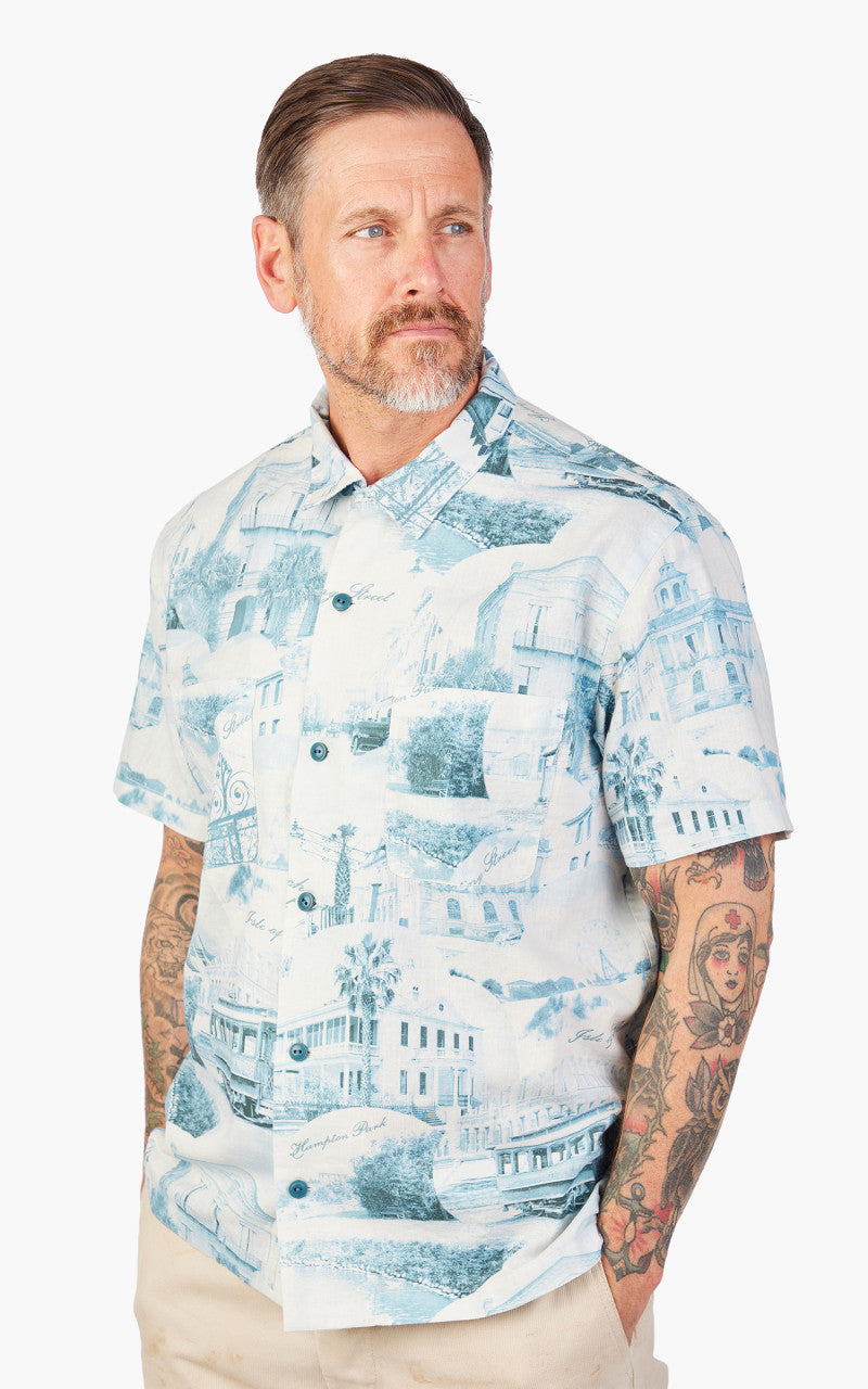 RRL Camp Shirt Postcard-Print Linen-Cotton Cream/Blue