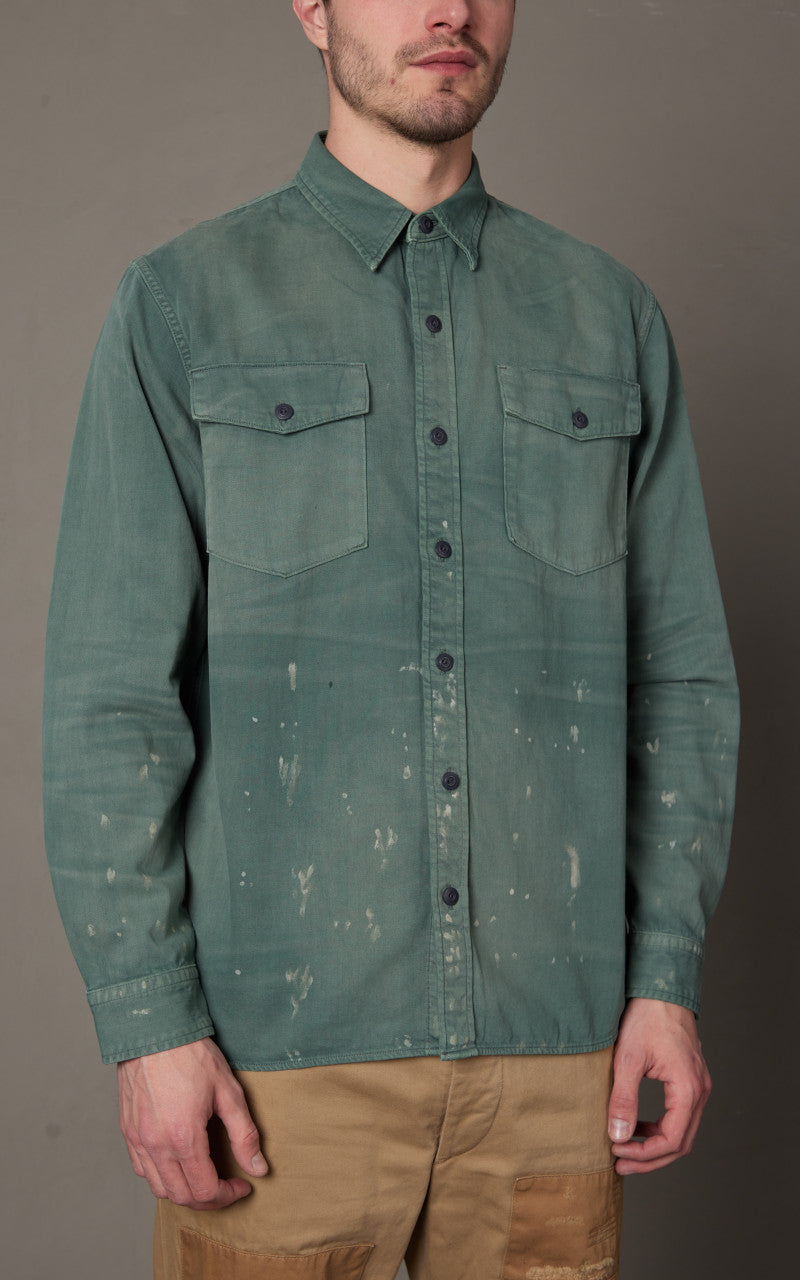 RRL Distressed Twill Workshirt Service Green
