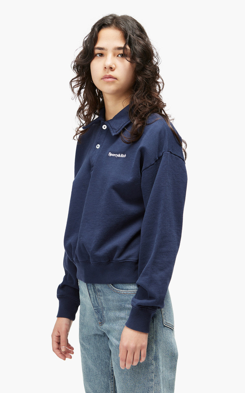 Sporty & Rich Serif Logo Embroidered Polo Navy