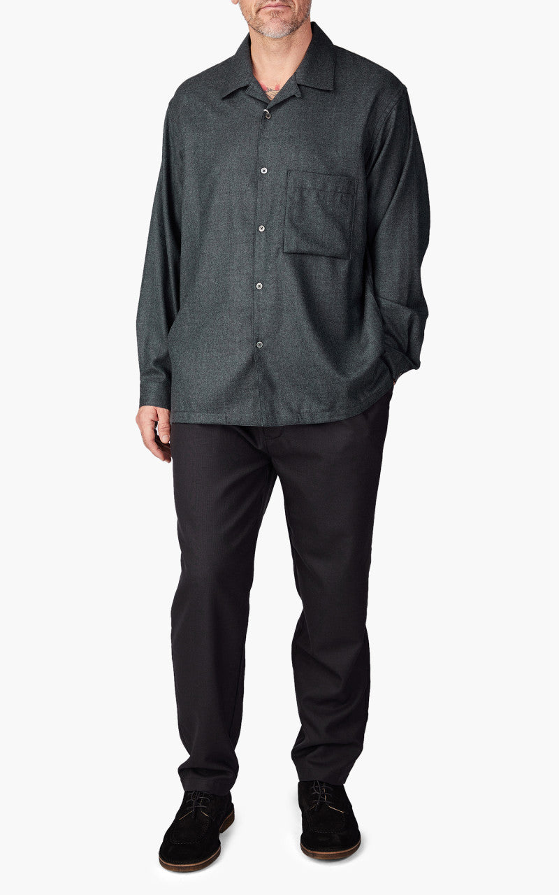 Still By Hand Open Collar Wool Shirt Blue Charcoal