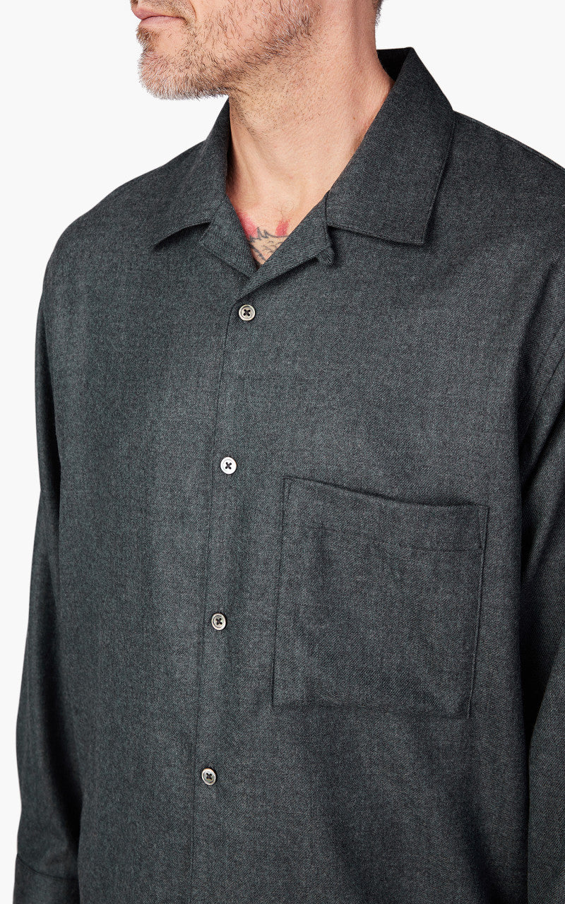 Still By Hand Open Collar Wool Shirt Blue Charcoal