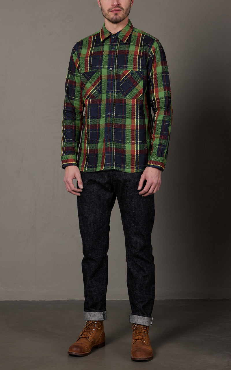 Samurai Jeans SIN23-01W Flannel Shirt Indigo Rope Dyed Green