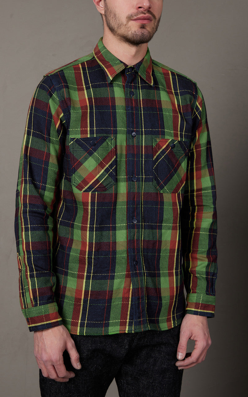 Samurai Jeans SIN23-01W Flannel Shirt Indigo Rope Dyed Green